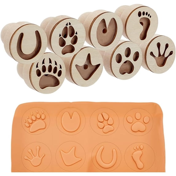 8pcs Wooden Stamp for Clay Pottery Round Paw Print Stamp Small Natural Wood Animal Footprint Stamps Clay Pottery Stamps with Handle for DIY Craft Clay and Ceramic 1.7x1.5inch