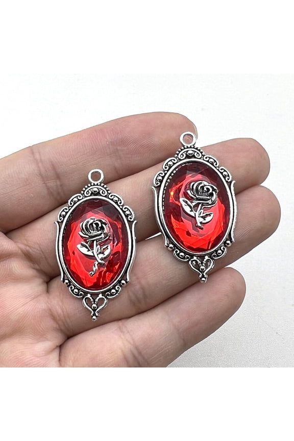 8pcs Zinc Alloy Pendants with Resin Oval Gothic Rose Silver Embossed Accessories Pendants Red 42x23mm