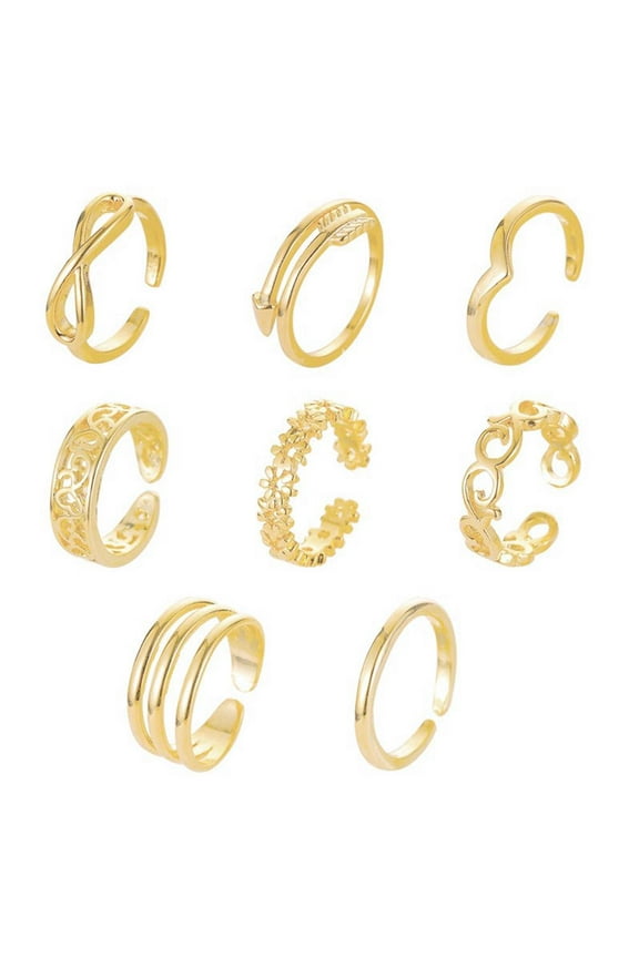 8PCS Gold Silver Stamped Adjustable Tail Foot Rin g Midi F3 Gift Rings X3V2