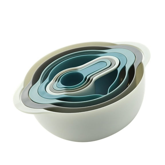 8pcs/set Multi-function Baking Tools Mixing Bowls Measuring Spoon Basket Sieve (Grey Blue)
