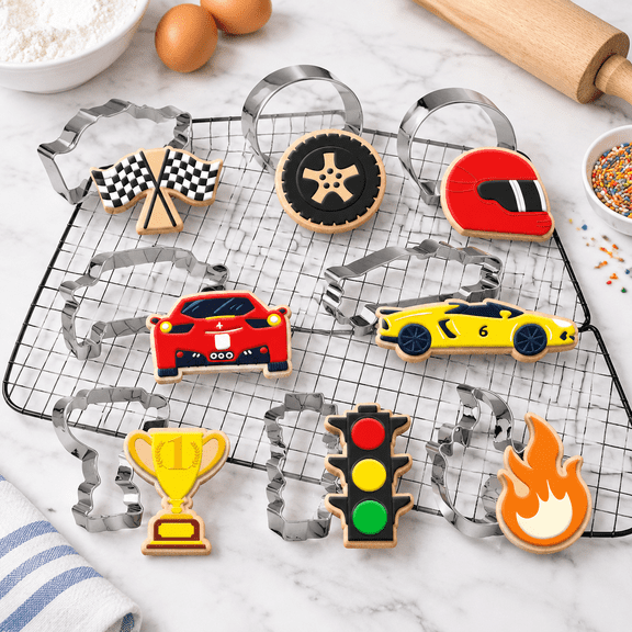 8racing Car Cookies Set Biscuit Truck Wheel Trophy Stainless Steel Molds For Home Kitchen Party Diy Baking Supplies