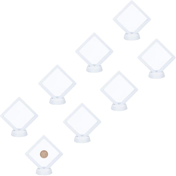 8sets 3.5inch Long White 3D Floating Frame Display Holder Coin Display Stands Plastic Bracelet Display with Plastic Display Stand Base for Diamond Medallion Challenge Coins White