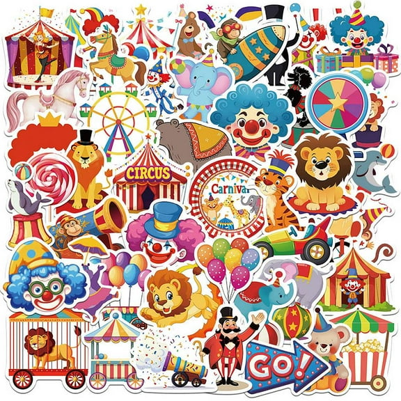 8sets 50pcs Circus Theme PVC Waterproof Stickers Self-adhesive Decals for Scrapbooking Photo Album Decoration Mixed Shapes Mixed color 44~71x33~68x0.25mm