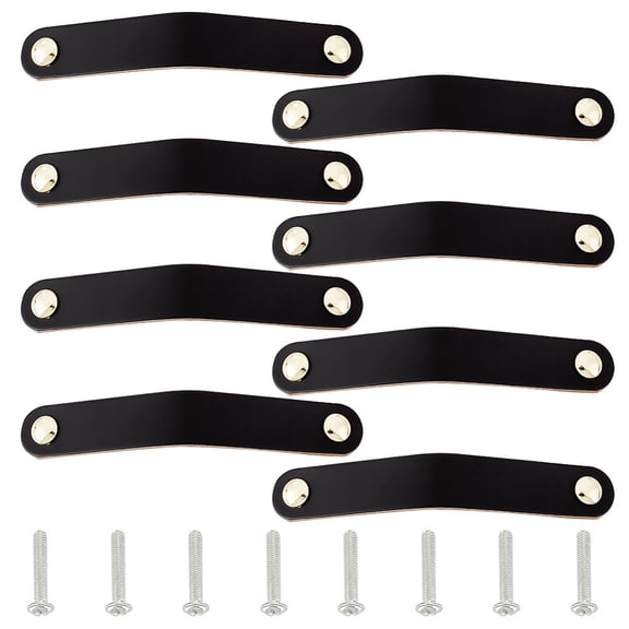 8sets Cattlehide Cabinet Door Drawer Handle Strap with Screws Black 16.8x2.5x0.35cm