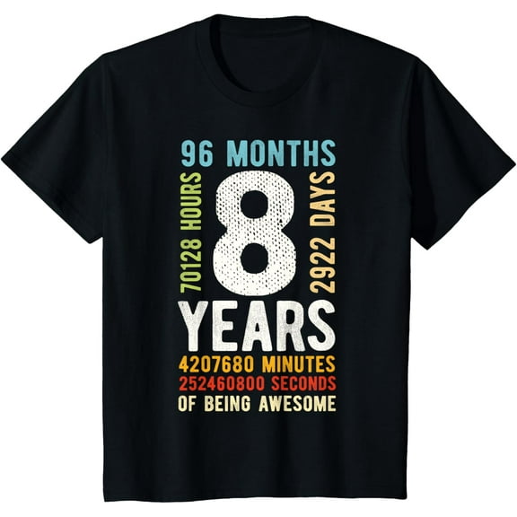 8th Birthday 8 Years Old Vintage Retro 96 Months T-Shirt Tops Tee
