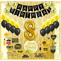 8th Birthday Decoration Black and Gold for Boy & Girl, 8th Cake Topper, 8th Party Supplies for Her and Him, 8th Birthday Photo Props