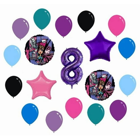 8th Birthday Monster High Party Decorations 19 Mylar and Latex Balloons Bouquet Bundle