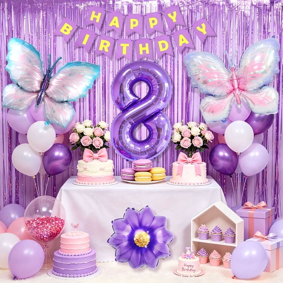 8th Birthday Party Decorations Set - Purple Butterfly Theme with Gradient Balloons & Happy Birthday Banner