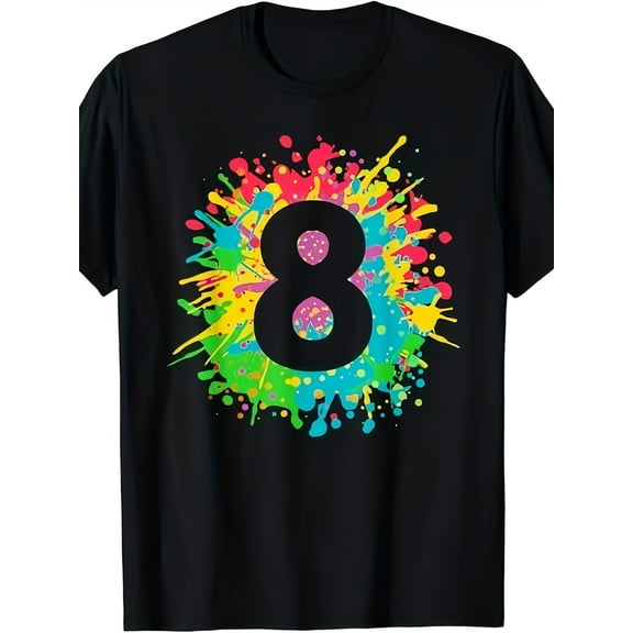 8th Birthday T-shirt For Girls, Boys. 8, Paint Splashes Tee.