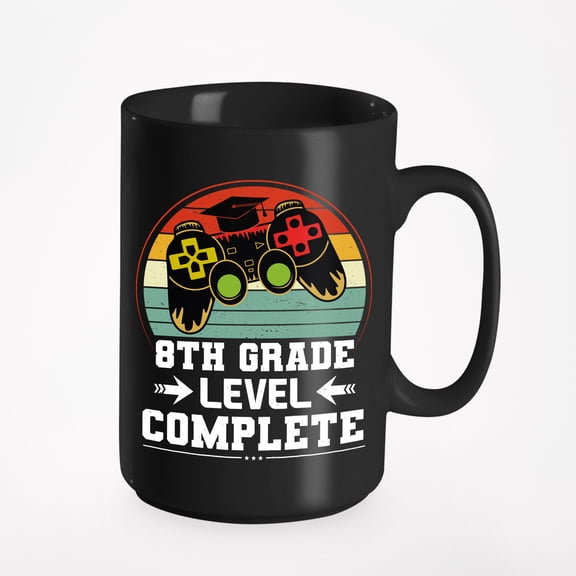 8th Grade Level Complete - Gamer School Student Graduation or Graduate, Black 15oz Ceramic Mug