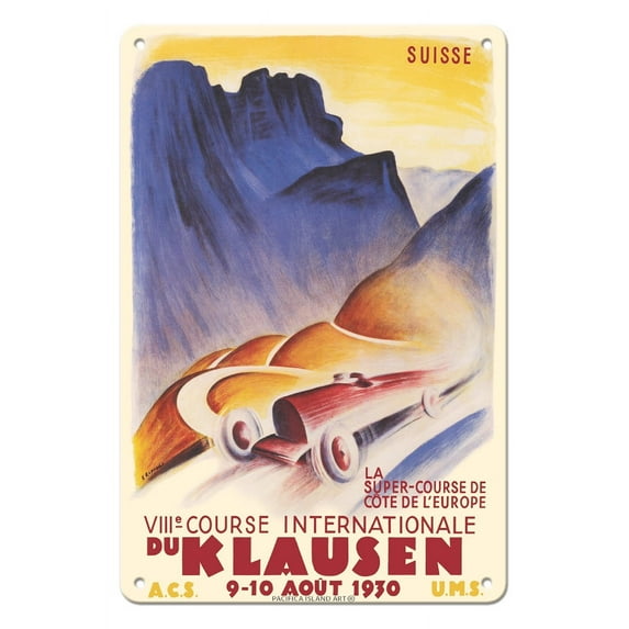 8th International Race Klausen Switzerland - Vintage Car Racing Poster by Ernst Ruprecht c.1930 - 8 x 12 inch Vintage Metal Tin Sign