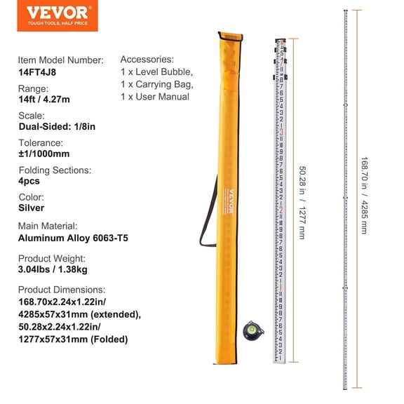 8ths Scale Grade Rod 14-Ft, 4-Section Telescopic, 1/8in Accuracy, w/Storage Bag