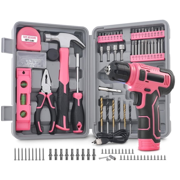 8v Cordless Drill Set & Tool Kit For Women - Ladies Complete Rechargeable Electric Power Driver With Starter Tools Compact Hand Toolbox Pink Ideal Home Projects