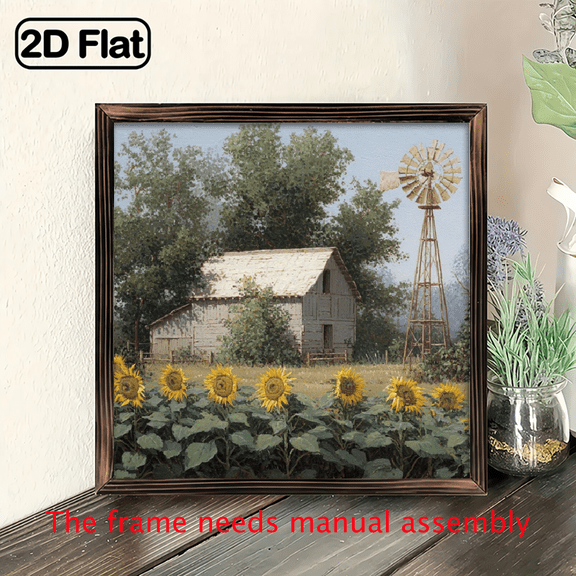 8x 8 Inch Rustic Wooden Framed Wall Art - Summer Scene with Sunflowers, Windmill Barn, Recycled Wood Home Dcor for Living Room, Bedroom, Kitchen, Christmas, Teacher's Day.