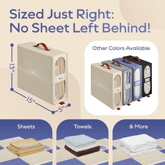 8x Bed Sheet Organizer Storage Boxes with Big See-Through Windows | Bedsheet Organizers Redesigned.  Bed Sheet Storage | 15x13x5 in. Sheet Organizers Containers (Off-White)