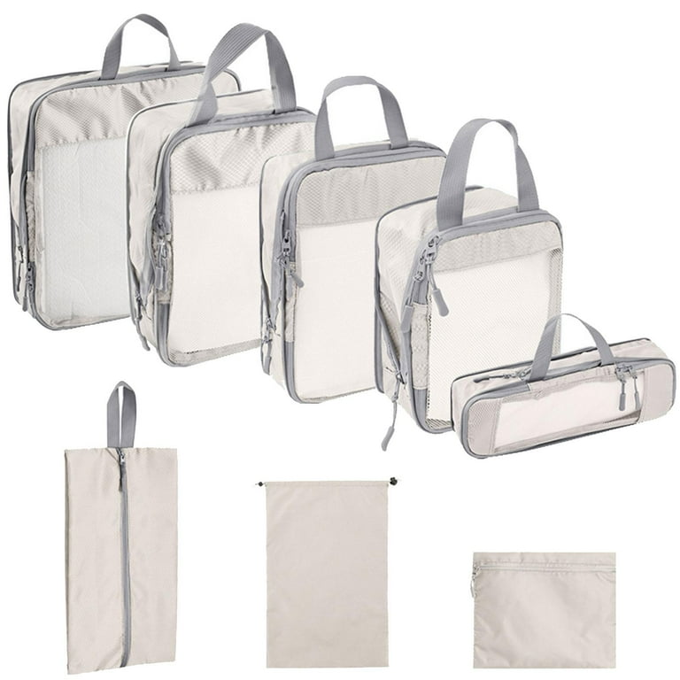 8x Compression Packing Cubes Clothes Storage Bags Breathable Luggage Packing Organizer Polyester Luggage Bags for Backpacking Family Breaks Beige
