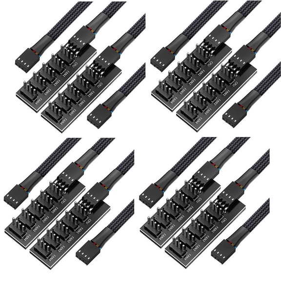8x PWM Fan Hub Splitter, 4 Pin Black Sleeved 5 Way PC CPU Cooling Case Fan Extension Splitter Adapter Cable 40cm