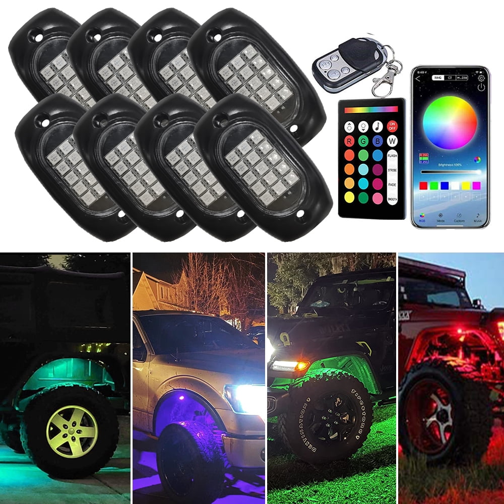 AUXITO 8x RGB LED Rock Exterior Decorative Lights fits Universal Under Car Multicolor, 8 Pieces