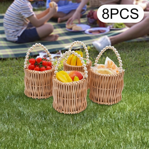 8x Wicker Pearl Handle Wedding Flower Baskets Girl Rattan Flower Barrel Basket