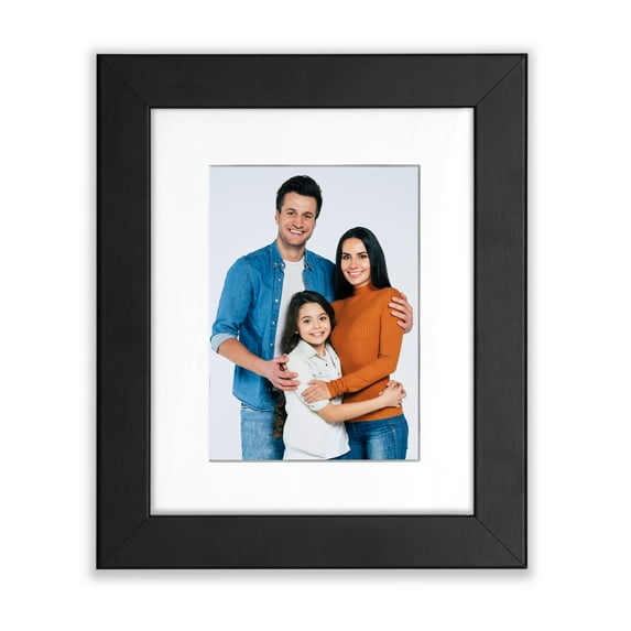8x10 1.25" Black Wood Picture Frame, Displays 5x7 Photo with White Mat