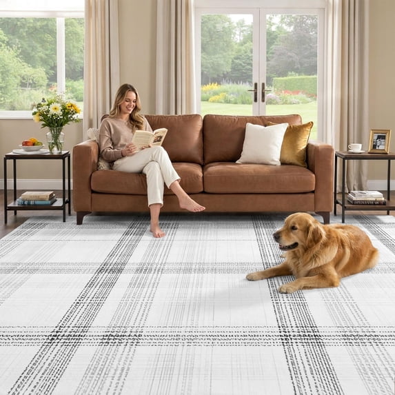 8x10 Area Rug, Black Green Check Low Pile Washable Rugs for Living Room ...