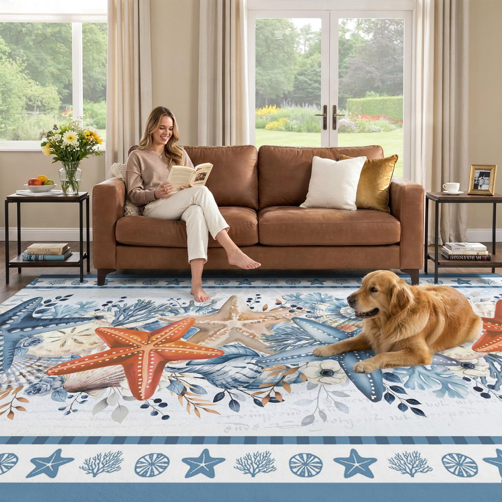 8x10 Area Rug, Blue Coastal Low Pile Washable Rugs for Living Room ...