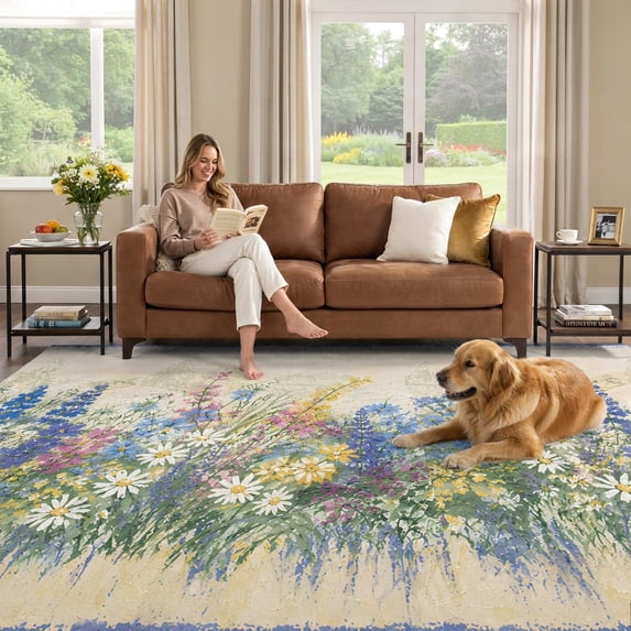 Oil Paint Spring 8x10 Area Rug, Blue Spring Floral Low Pile Washable Rugs for Living ...