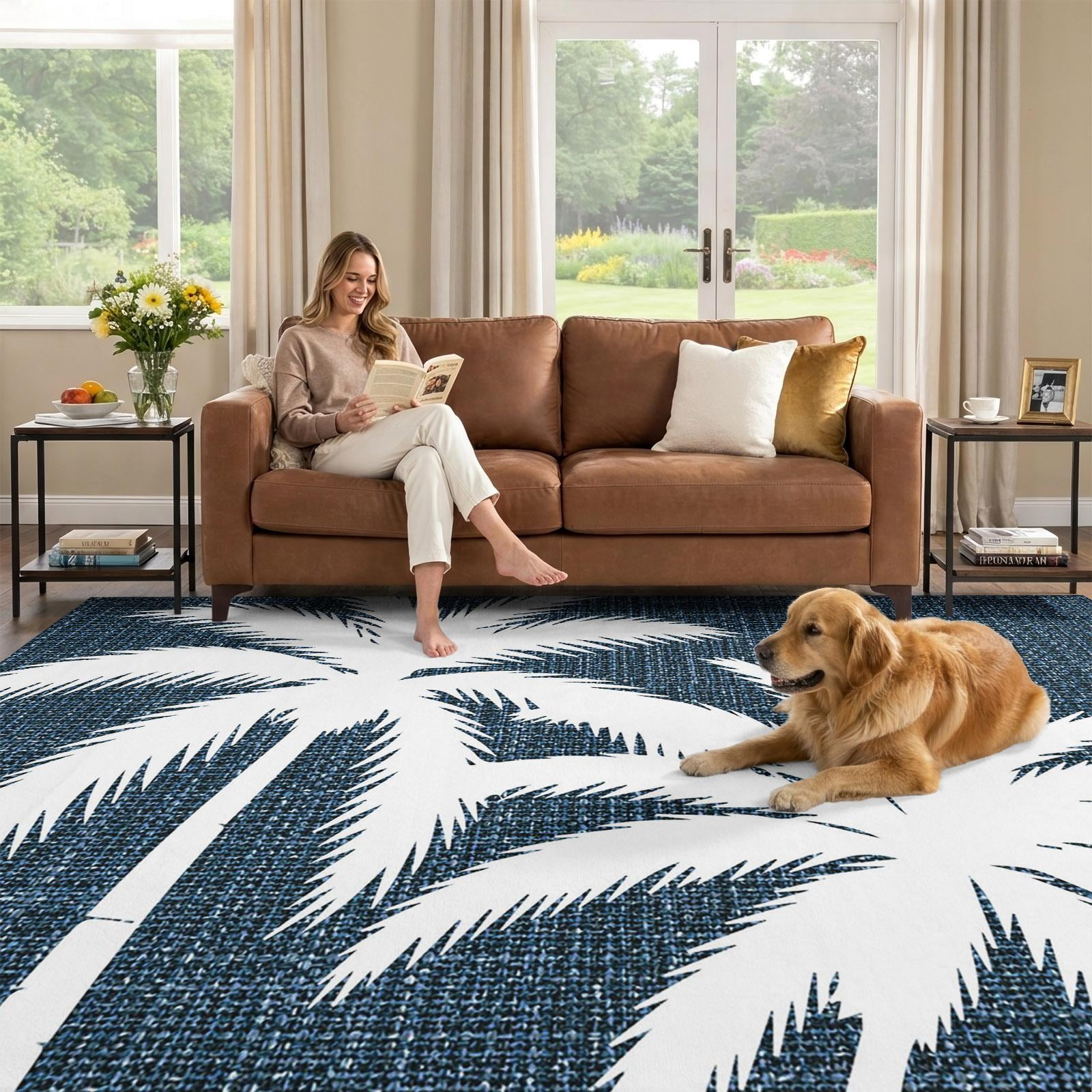 8x10 Area Rug, Charcoal Blue Tropical Tree Low Pile Washable Rugs for ...