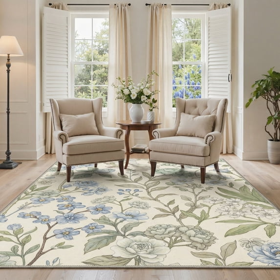 DEORAB 8x10 Washable Area Rug for Living Room with Non Slip Backing,Traditional Flat Pile Rug,Low Pile Lightweight Carpet,Floral Print Mat,Better Home,Washable Machine for Bedroom,Green