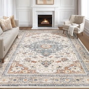 Toyoso 8x10 Area Rug Living Room Rug - Large Soft Machine Washable Boho Vintage Stain Resistant Floral Bedroom Rug Neutral Farmhouse Low Pile Distressed Carpet 
