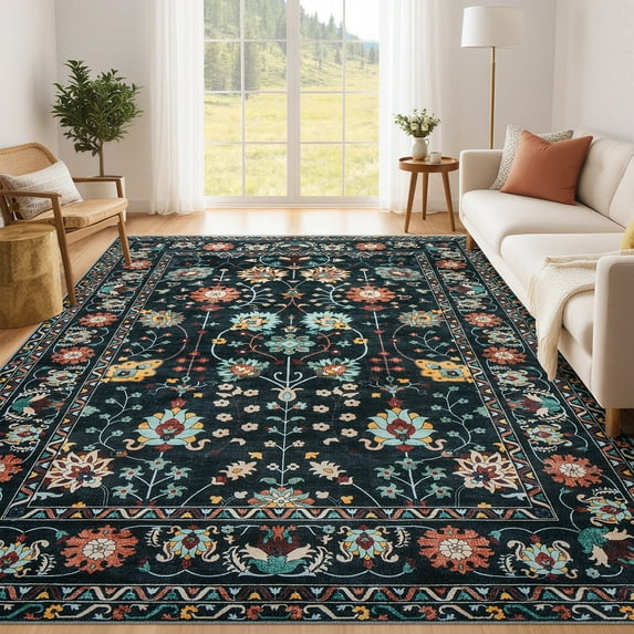 Toyoso 8x10 Area Rug Living Room Rugs - Machine Washable Traditional Floral Rug Non-Slip Classic Farmhouse Entryway Mat for Indoor Front Door, Kitchen, and Home Décor – Black