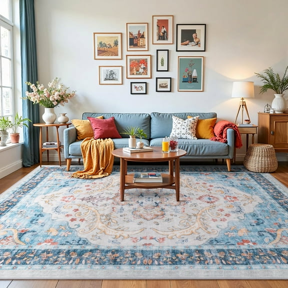 Toyoso 8x10 Area Rug Living Room Rugs - Vintage boho Decor Floral Area Rugs for Bedroom Dining Room Machine Washable Farmhouse Floral Carpet- Blue