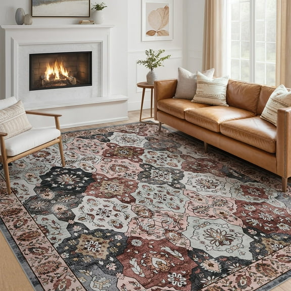 8x10 Area Rug Living Room Rugs - Washable Boho Rug Vintage Oriental Distressed Farmhouse Large Thin Indoor Carpet for Living Room Bedroom Under Dining Table Home Office-BlackPink