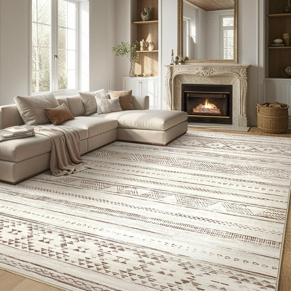 Toyoso 8x10 Area Rug Living Room Rugs - Washable Large Soft Boho Neutral Geometric Moroccan Modern Rug for Bedroom Dining Room Home Office Non Slip Low Pile Farmhouse Carpet Indoor - Brown