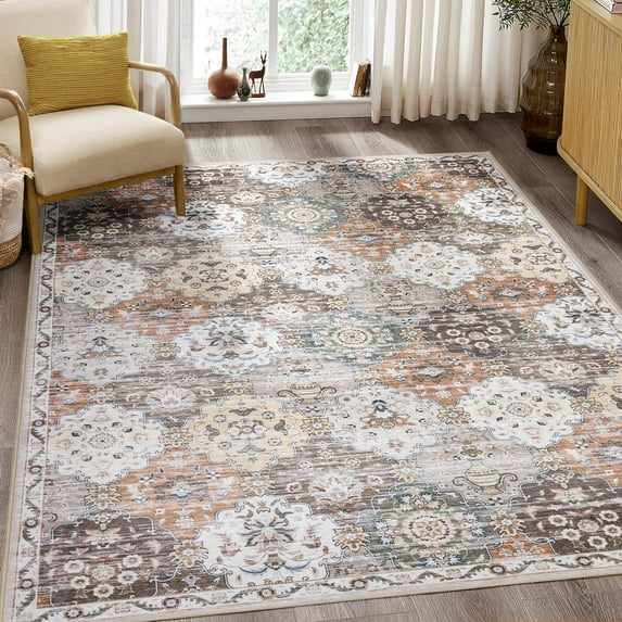 Toyoso 8x10 Area Rug Living Room Rugs - Washable Vintage Floral Soft Thin Large Rug Indoor Floor No Slip Rug Carpet for Bedroom Under Dining Table Home Office Decor - Multi Brown