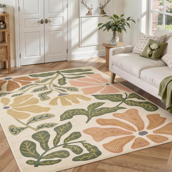8x10 Area Rug for Living Room,Washable Large Area Rug Non-Slip TPR Backing, Leaf & Floral Print Faux Low Pile Botanical Carpet for Living Room Bedroom Dining Room, Cream Base
