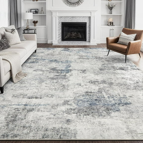 8x10 Area Rug for Living Room:Washable Modern Neutral Abstract Rug with Low Pile Non Slip Soft Thin Large Indoor Carpet for Bedroom Dining Room Home Office Decor - Grey Blue