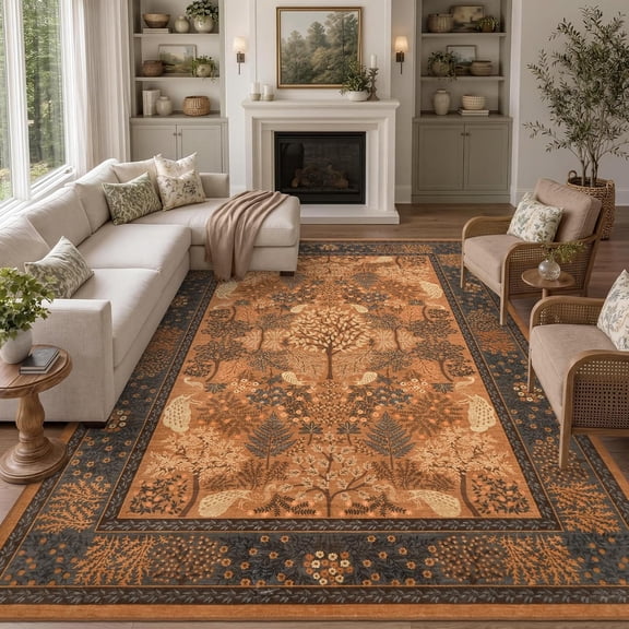 8x10 Area Rug Living Room Washable Non Slip Vintage Peacock Animal Print Terracotta Orange