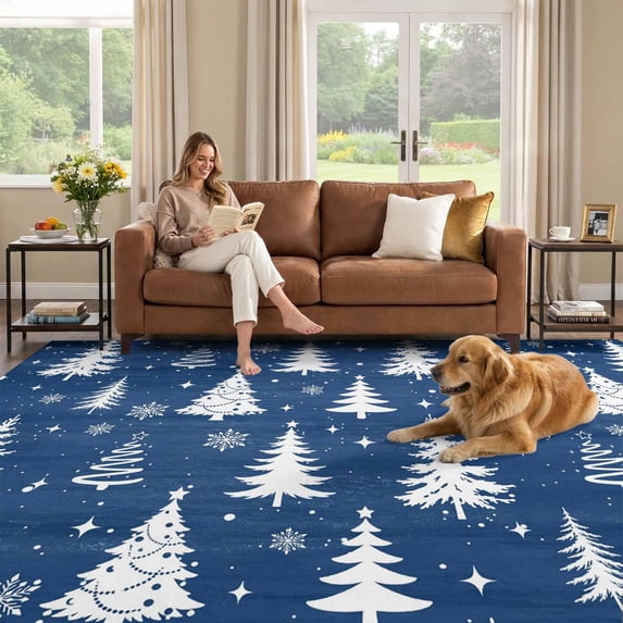 8x10 Area Rug, Navy Blue Christmas Trees Low Pile Washable Rugs for ...