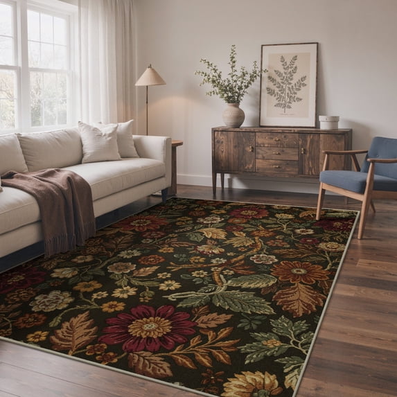 DEORAB 8x10 Area Rugs for Living Room Bedroom, Vintage Floral Machine Washable Rugs, Non Slip Flat Pile with Rubber Backing, Flat Pile Rug for Entryway Dining Home Office