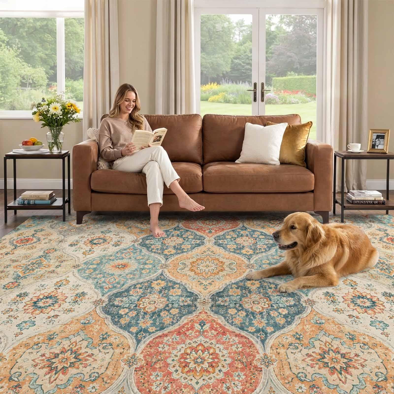 8x10 Area Rug, Orange Boho Low Pile Washable Rugs for Living Room ...