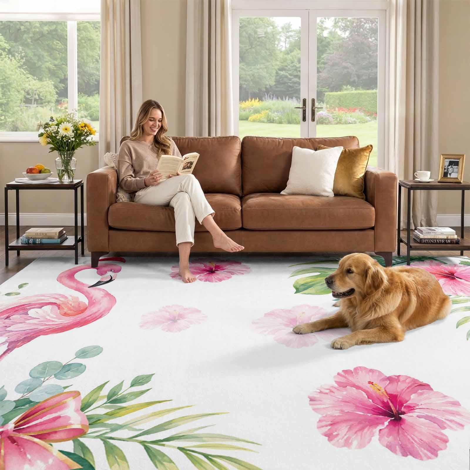 8x10 Area Rug, Pink Flamingos Low Pile Washable Rugs for Living Room ...