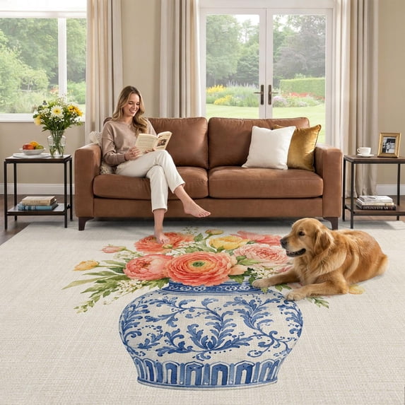 Spring Bouquets 8x10 Area Rug, Pink Floral Vase Low Pile Washable Rugs for Living Room ...