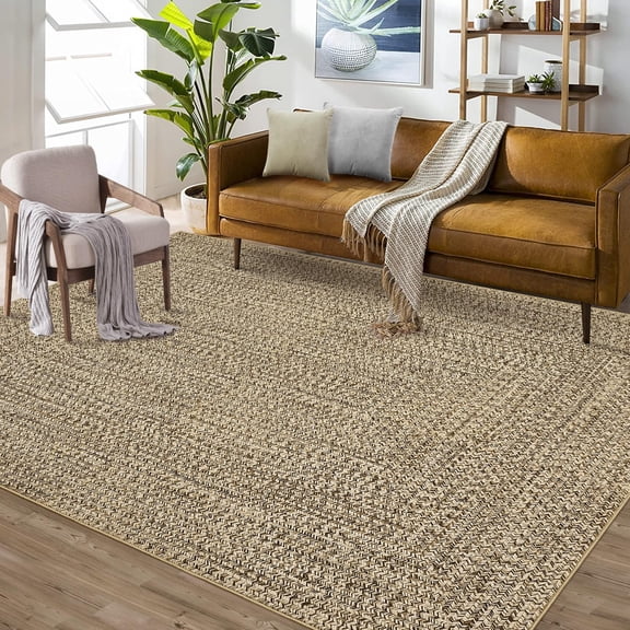 8x10 Area Rug Print Braided Area Rug Machine Washable Rug for Living Room Farmhouse Solid Printed Weaving Carpet Non-Slip Stain Resistant Accent Rug Floor Cover for Home Decor, Beige