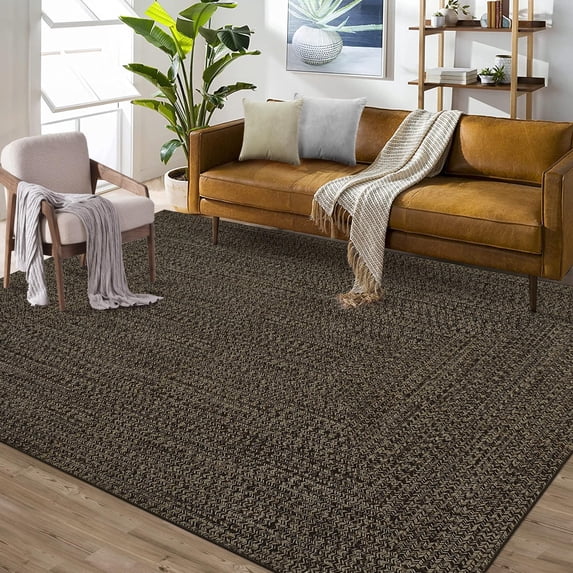 8x10 Area Rug Print Braided Area Rug Machine Washable Rug for Living Room Farmhouse Solid Printed Weaving Carpet Non-Slip Stain Resistant Accent Rug Floor Cover for Home Decor, Brown