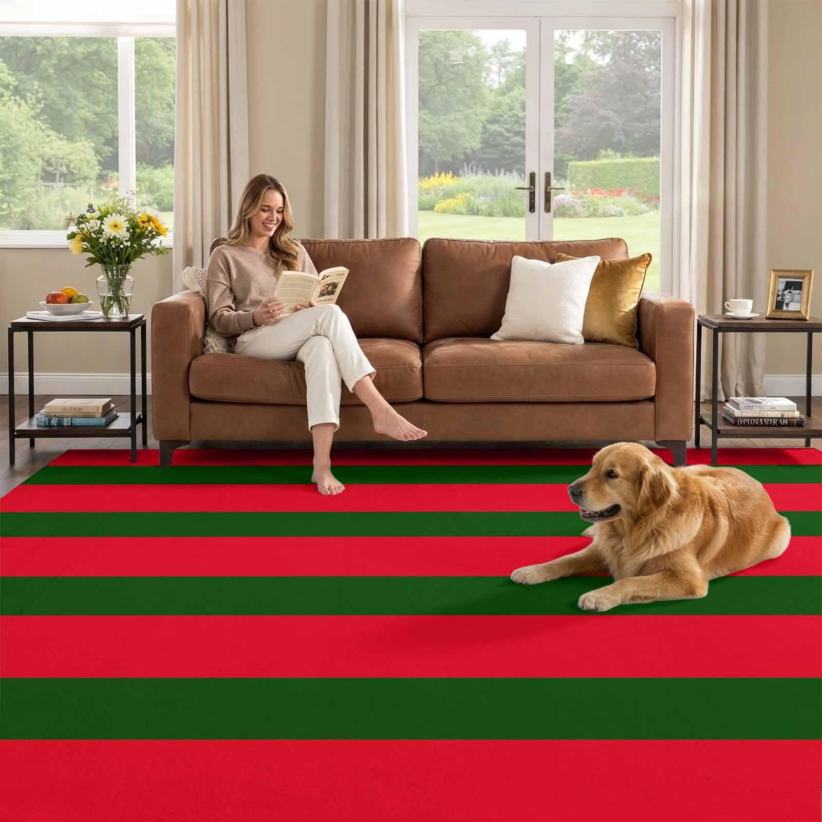 8x10 Area Rug, Red Green Striped Low Pile Washable Rugs for Living Room ...