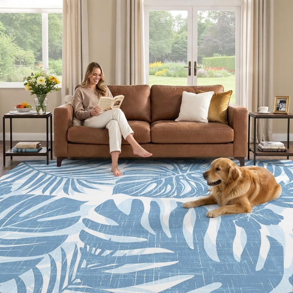 8x10 Area Rug, Slate Blue Monstera Low Pile Washable Rugs for Living ...