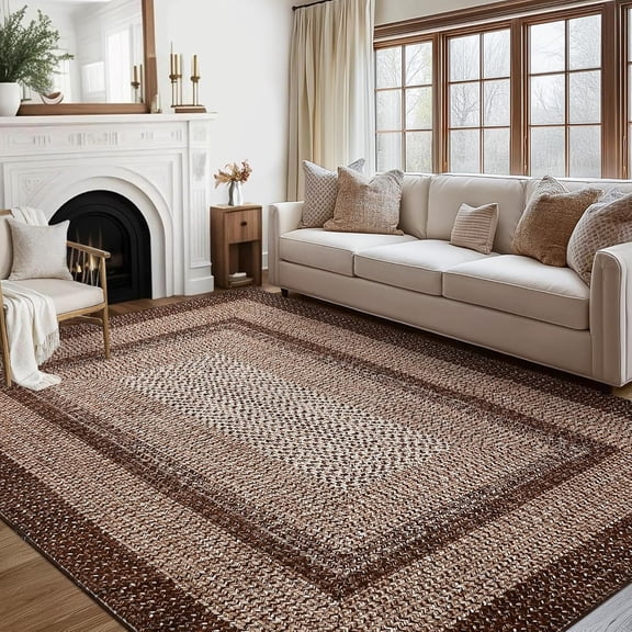 8x10 Area Rug Washable Large Living Room Rug Non Slip Farmhouse Rustic Floor Carpet Boho Accent Bedroom Rug Modern Geometric Throw Floor Cover Bohemian Border Carpet, Brown
