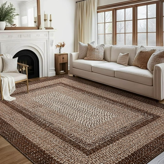 8x10 Area Rug Washable Large Living Room Rug Non Slip Farmhouse Rustic Floor Carpet Boho Accent Bedroom Rug Modern Geometric Throw Floor Cover Bohemian Border Carpet, Brown