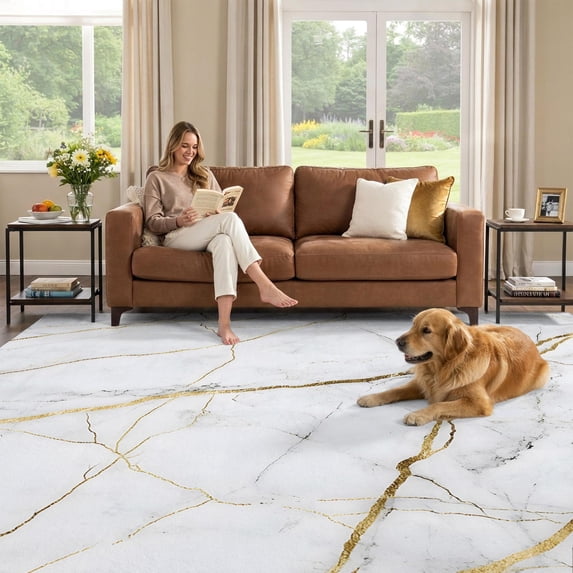 8x10 Area Rug, White Marble Pattern Low Pile Washable Rugs for Living ...